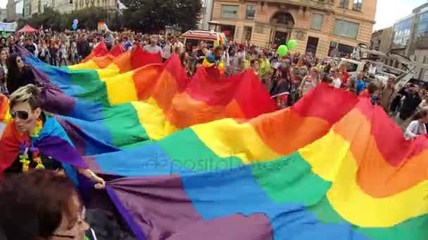 布拉格 捷克共和国 2017年8月12日 Glbt 男孩和女孩挥舞彩虹旗在同性恋骄傲游行 欢快的女孩微笑 挥舞着他们的手在相机 同性恋 双性恋社区的象征 — 图库视频影像