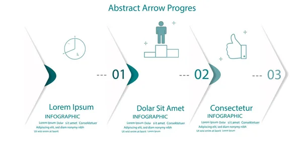 Yatay sıraya yerleştirilmiş sekiz adet üst üste binen beyaz ok. İlerleyen iş gelişiminin üç adımı kavramı. Basit bir bilgi tasarım şablonu. Soyut vektör illüstrasyonu.