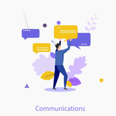 Konuşma balonu tutan yakışıklı bir adam ya da mesaj bildirimi. Yaratıcı internet iletişimi kavramı, sosyal ağda online sohbet anlık mesajlaşma, sohbet. Modern düz vektör illüstrasyonu.