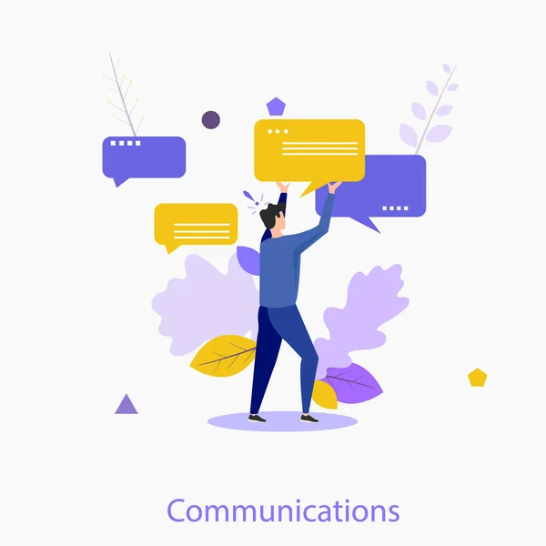 Konuşma balonu tutan yakışıklı bir adam ya da mesaj bildirimi. Yaratıcı internet iletişimi kavramı, sosyal ağda online sohbet anlık mesajlaşma, sohbet. Modern düz vektör illüstrasyonu.