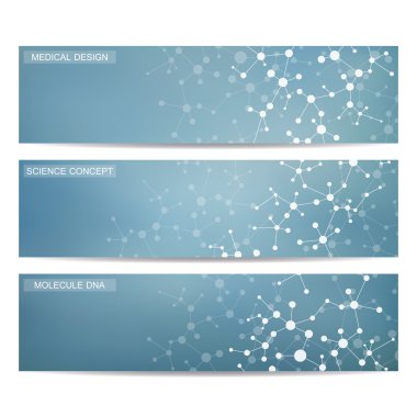 Modern bilimsel afiş kümesi. Molekül yapısı Dna ve nöronlar. Arka plan. Tıp, bilim, teknoloji. Vektör çizim tasarımınız için.