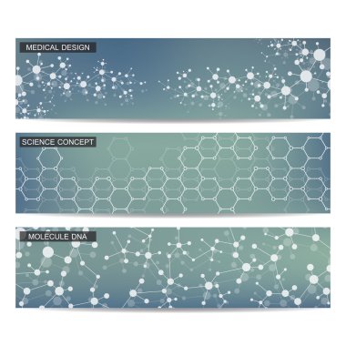 Modern bilimsel afiş kümesi. Molekül yapısı Dna ve nöronlar. Arka plan. Tıp, bilim, teknoloji. Vektör çizim tasarımınız için.