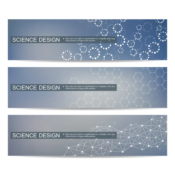 Conjunto de banderas científicas modernas. Estructura molecular ADN y neuronas. Fondo abstracto. Medicina, ciencia, tecnología. Ilustración vectorial para su diseño . — Vector de stock