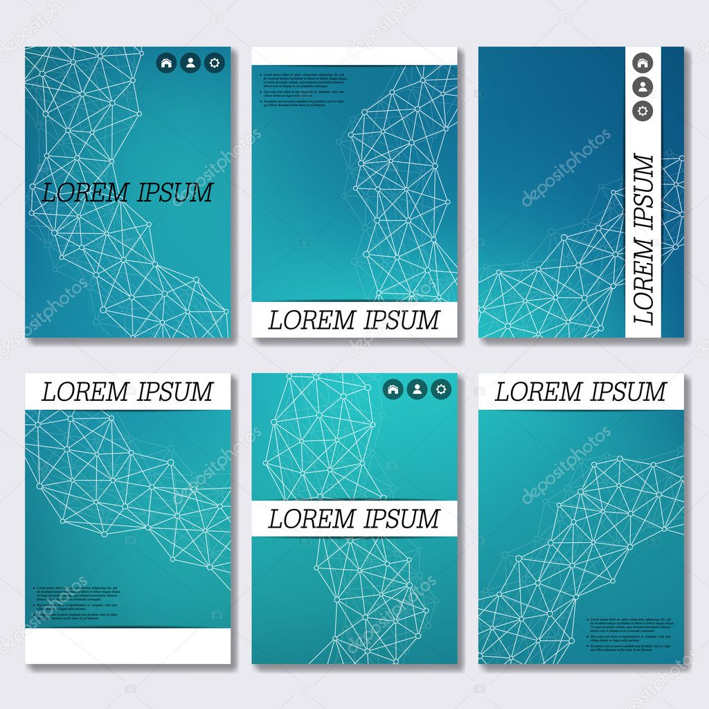 Set of business templates for brochure, flyer, cover magazine in A4 size. Structure molecule DNA and neurons. Geometric abstract background. Medicine, science, technology. Vector illustration.