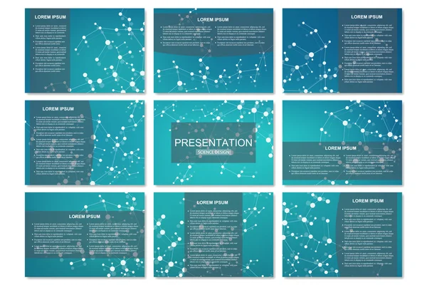 Set of modern business presentation templates in A4 size. Connection structure. Abstract background with molecule DNA and neurons. Medicine, science, technology concept. Vector illustration. — Stock Vector
