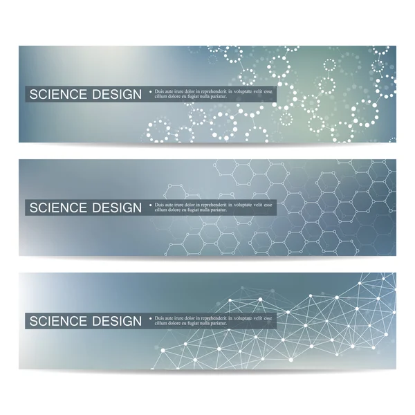 Conjunto de banderas científicas modernas. Estructura molecular ADN y neuronas. Fondo abstracto. Medicina, ciencia, tecnología. Ilustración vectorial para su diseño . — Vector de stock