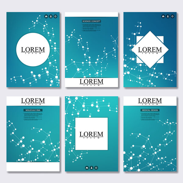 Set of business templates for brochure, flyer, cover magazine in A4 size. Structure molecule DNA and neurons. Geometric abstract background. Medicine, science, technology. Vector illustration.