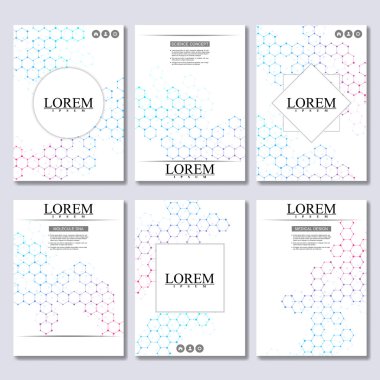 Broşür, el ilanı, A4 boyutunda dergisinde kapak için iş şablonları kümesi. Yapısı molekül Dna ve nöronlar. Geometrik arka plan. Tıp, bilim, teknoloji. Vektör çizim.