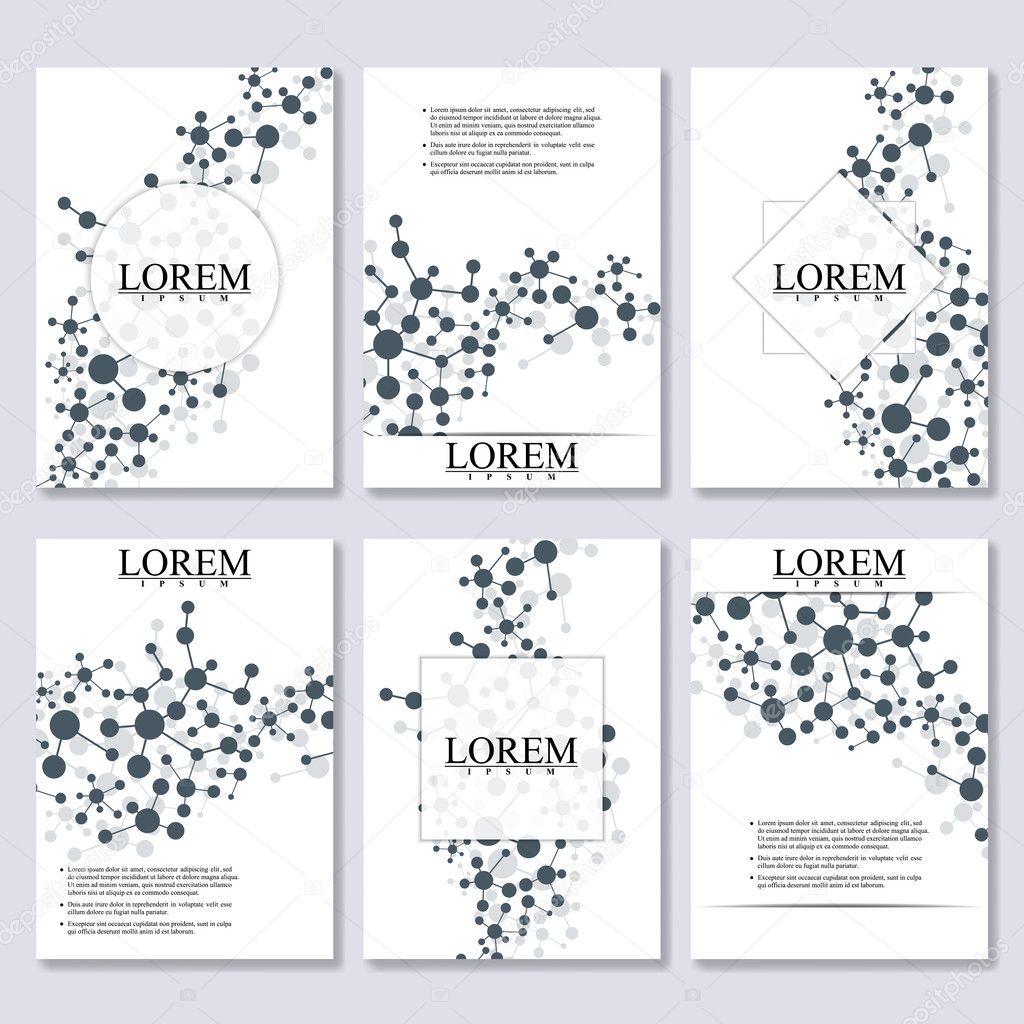 Set of business templates for brochure, flyer, cover magazine in A4 size. Structure molecule DNA and neurons. Geometric abstract background. Medicine, science, technology. Vector illustration.