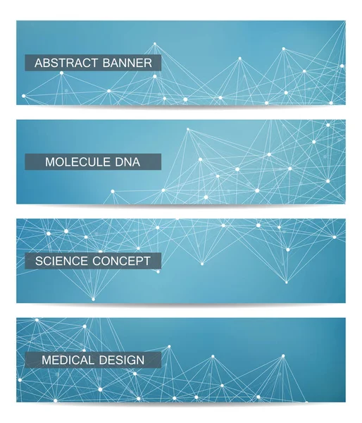 Conjunto de bandeiras científicas modernas. Estrutura molecular DNA e neurônios. Fundo abstrato. Medicina, ciência, tecnologia. Ilustração vetorial para o seu design . — Vetor de Stock