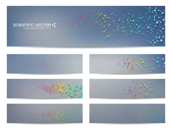 Conjunto de bandeiras científicas modernas. Estrutura molecular DNA e neurônios. Fundo abstrato. Medicina, ciência, tecnologia. Ilustração vetorial para o seu design . — Vetor de Stock