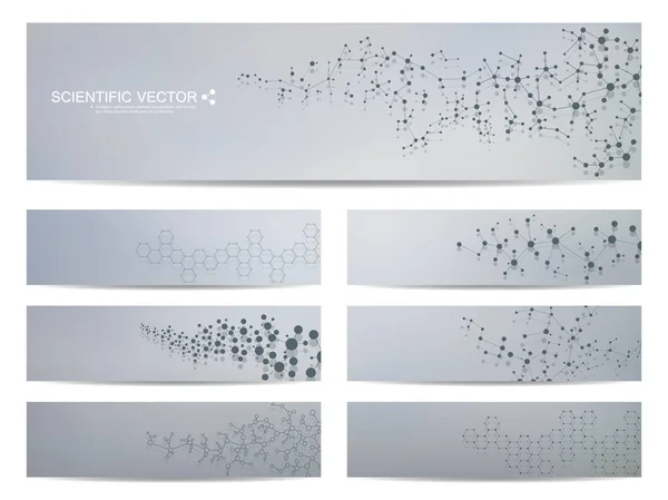 Conjunto de bandeiras científicas modernas. Estrutura molecular DNA e neurônios. Fundo abstrato. Medicina, ciência, tecnologia. Ilustração vetorial para o seu design . — Vetor de Stock