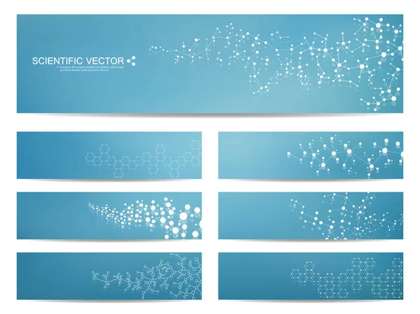 Conjunto de banderas científicas modernas. Estructura molecular ADN y neuronas. Fondo abstracto. Medicina, ciencia, tecnología, negocios, plantillas de sitios web. Gráficos vectoriales escalables . — Vector de stock