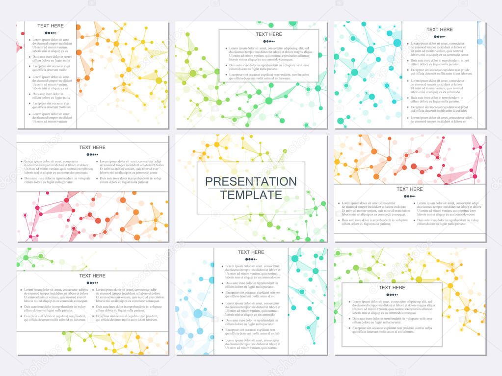 Set of modern business presentation templates in A4 size. Abstract background with molecule structure DNA and neurons. Medicine, science, technology concept. Scalable vector graphics.