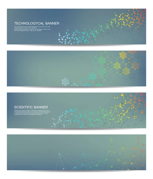 Conjunto de bandeiras científicas modernas. Estrutura molecular DNA e neurônios. Fundo abstrato. Medicina, ciência, tecnologia, negócios, modelos de sites. Gráficos vetoriais escaláveis . — Vetor de Stock