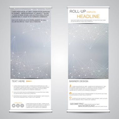 Roll-up banner tanıtımı ve yayın için duruyor. Geometrik arka plan. Vektör çizim