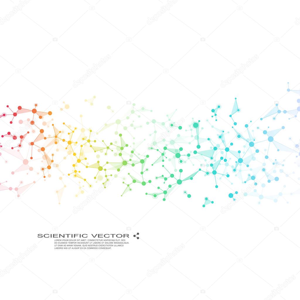 Molecule DNA and neurons vector. Molecular structure. Connected lines with dots. Genetic chemical compounds. Chemistry, medicine, science, technology concept. Geometric abstract background.