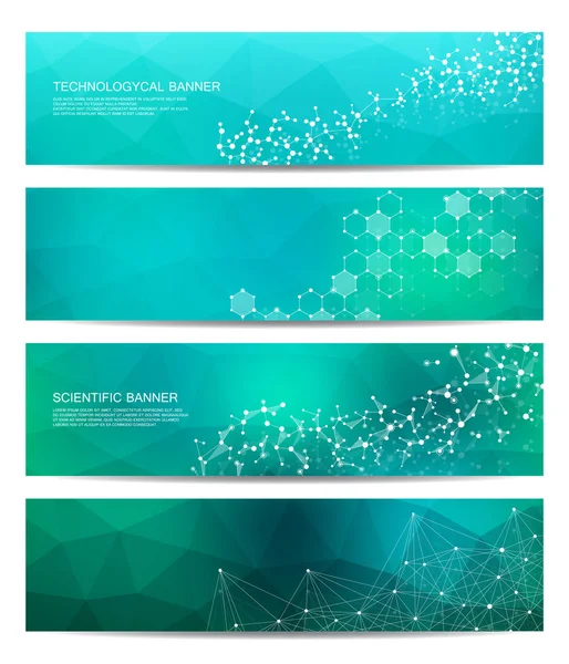 Conjunto de banderas científicas modernas. Estructura molecular ADN y neuronas. Fondo abstracto. Medicina, ciencia, tecnología, negocios, plantillas de sitios web. Gráficos vectoriales escalables . — Vector de stock