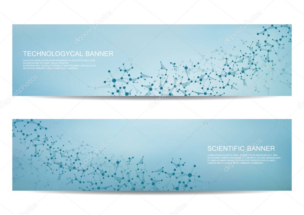 Set of modern scientific banners. Molecule structure DNA and neurons. Abstract background. Medicine, science, technology, business, website templates. Scalable vector graphics.