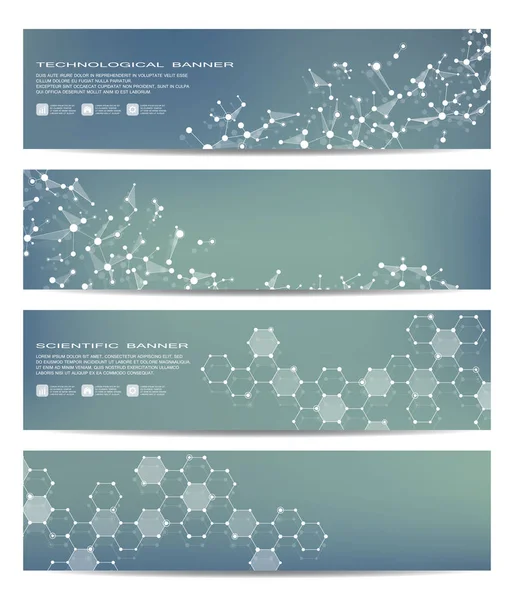 Conjunto de bandeiras científicas modernas. Estrutura molecular DNA e neurônios. Fundo abstrato. Medicina, ciência, tecnologia, negócios, modelos de sites. Gráficos vetoriais escaláveis . — Vetor de Stock