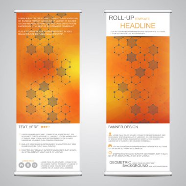 Roll-up banner tanıtımı ve yayın için duruyor. Geometrik arka plan. Vektör çizim