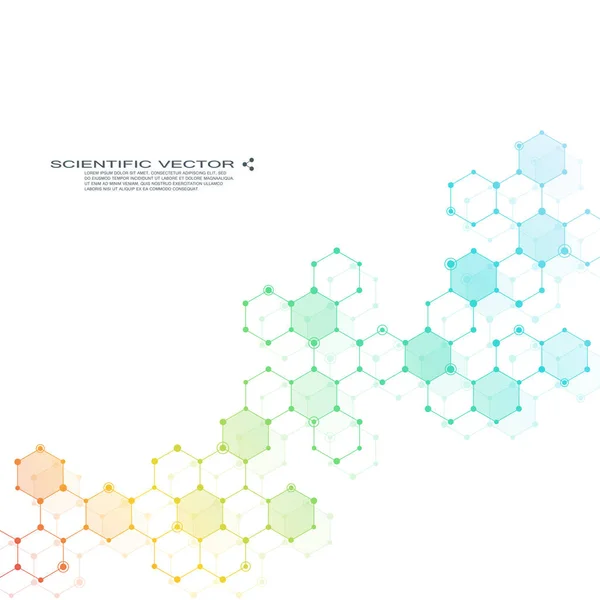 Molécula hexagonal. Estructura molecular. Compuestos genéticos y químicos. Química, medicina, ciencia y tecnología. Fondo abstracto geométrico. Vector de átomo, ADN y neuronas . — Vector de stock
