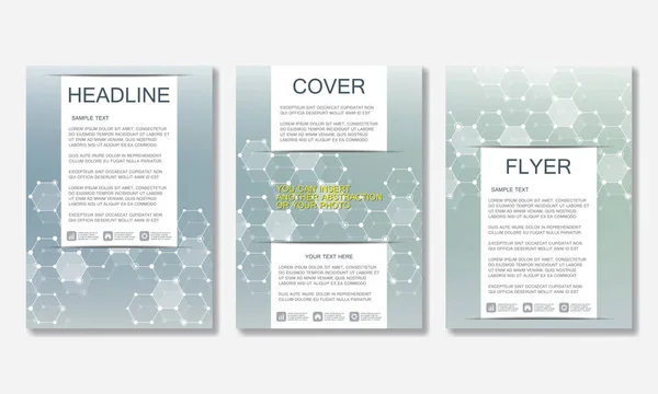 Reeks zakelijke sjablonen voor brochure, flyer, cover magazine in A4-formaat. Structuur molecuul, Dna en neuronen. Geometrisch abstracte achtergrond. Geneeskunde, wetenschap, technologie. Schaalbare vectorafbeeldingen. — Stockvector