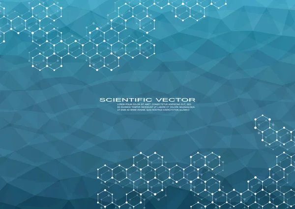 Sechseck-Molekül. Molekularstruktur. genetische und chemische Verbindungen. Chemie, Medizin, Wissenschaft und Technologie. geometrischer abstrakter Hintergrund. Atom, DNA- und Neuronen-Vektor. — Stockvektor