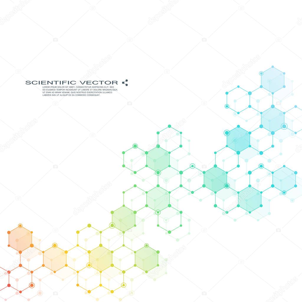 Hexagonal molecule. Molecular structure. Genetic and chemical compounds. Chemistry, medicine, science and technology concept. Geometric abstract background. Atom, DNA and neurons vector.