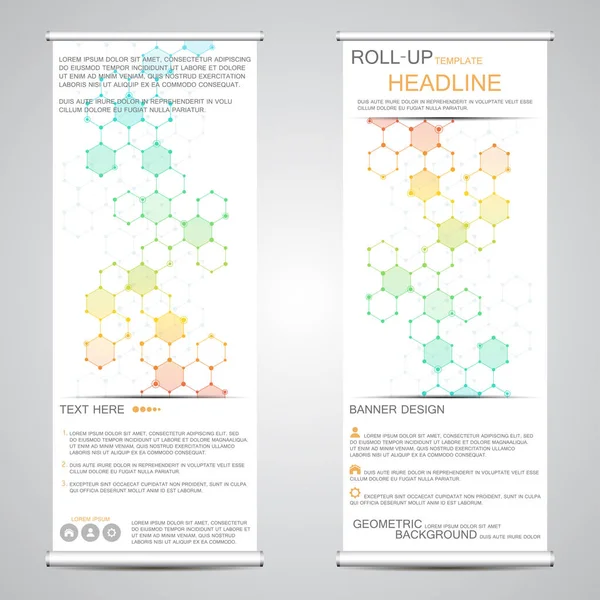 Roll-up banner significa apresentação e publicação. Fundo geométrico abstrato. Ilustração vetorial — Vetor de Stock
