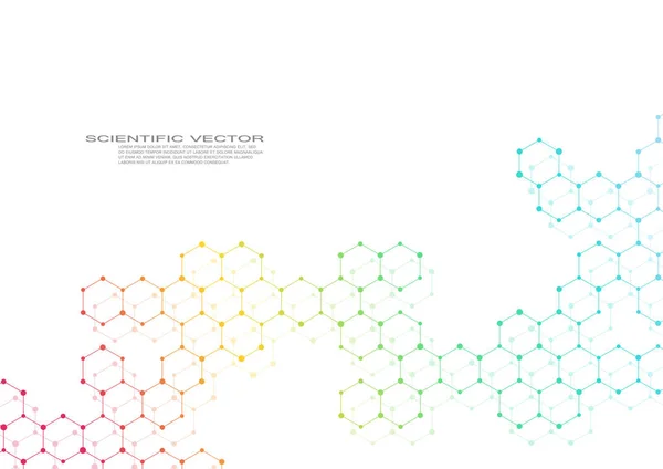 Molécula hexagonal. Estrutura molecular. Compostos genéticos e químicos. Química, medicina, ciência e tecnologia conceito. Fundo geométrico abstrato. Vetor de átomo, DNA e neurônios . —  Vetores de Stock