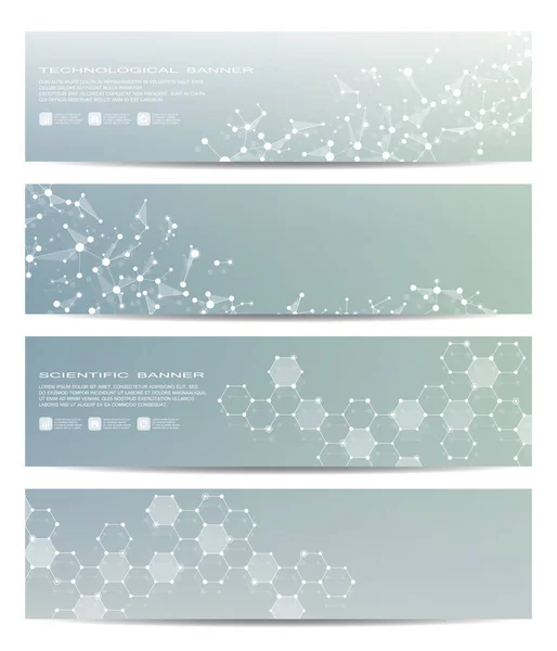 Conjunto de bandeiras científicas modernas. Estrutura molecular do ADN e neurónios. Fundo geométrico abstrato. Medicina, ciência, tecnologia, negócios e modelos de site. Ilustração vetorial —  Vetores de Stock