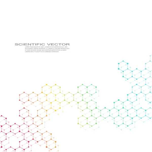 Molécula hexagonal. Estrutura molecular. Compostos genéticos e químicos. Química, medicina, ciência e tecnologia conceito. Fundo geométrico abstrato. Vetor de átomo, DNA e neurônios . —  Vetores de Stock