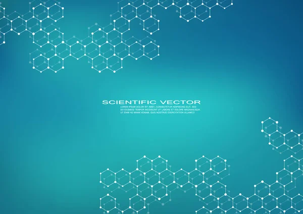 Molécula hexagonal. Estrutura molecular. Compostos genéticos e químicos. Química, medicina, ciência e tecnologia conceito. Fundo geométrico abstrato. Vetor de átomo, DNA e neurônios . — Vetor de Stock