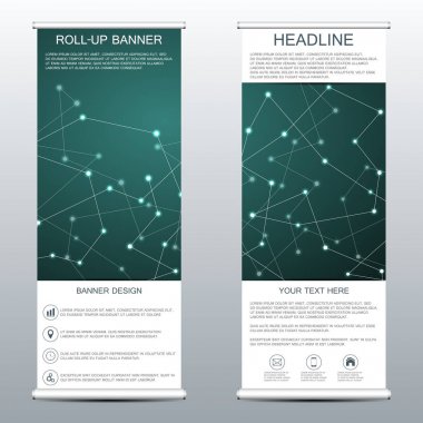 Roll-up banner tanıtımı ve yayın için duruyor. Geometrik arka plan. Vektör çizim