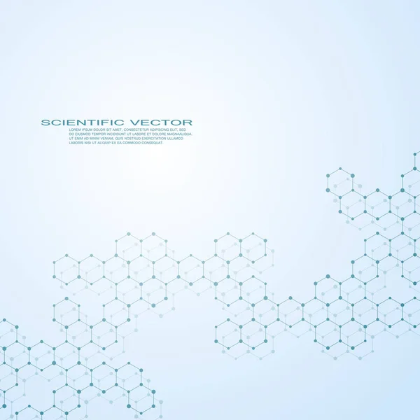 Sechseck-Molekül. Molekularstruktur. genetische und chemische Verbindungen. Chemie, Medizin, Wissenschaft und Technologie. geometrischer abstrakter Hintergrund. Atom, DNA- und Neuronen-Vektor. — Stockvektor