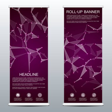 Roll-up banner tanıtımı ve yayın için. Tıp, bilim, teknoloji ve iş şablonları. Moleküler parçacıklar ve atom yapısını. Poligonal arka plan. Vektör çizim