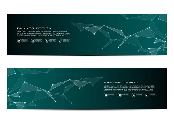 Bandeiras tecnológicas e científicas com estrutura de partículas moleculares e átomo. Fundo abstrato poligonal. Ilustração vetorial —  Vetores de Stock