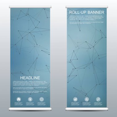 Roll-up banner tanıtımı ve yayın için. Tıp, bilim, teknoloji ve iş şablonları. Moleküler parçacıklar ve atom yapısını. Poligonal arka plan. Vektör çizim
