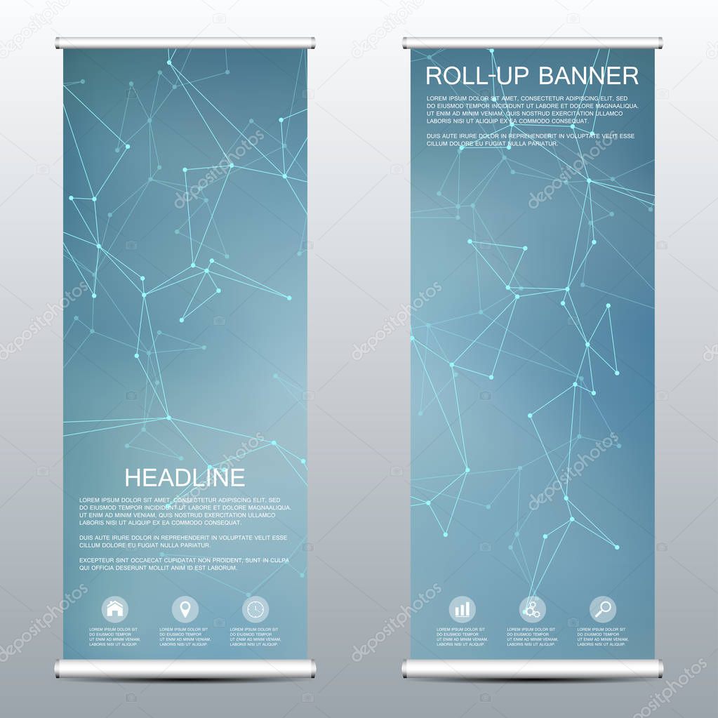 Roll up banner for presentation and publication. Medicine, science, technology and business templates. Structure of molecular particles and atom. Polygonal abstract background. Vector illustration