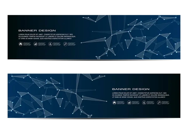 Bannières technologiques et scientifiques avec structure des particules moléculaires et de l'atome. Fond abstrait polygonal. Illustration vectorielle . — Image vectorielle