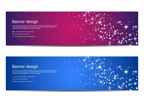 Tekniska och vetenskapliga banners med strukturera av molekylär partiklar och atom. Polygonal abstrakt bakgrund. Vektorillustration. — Stock vektor