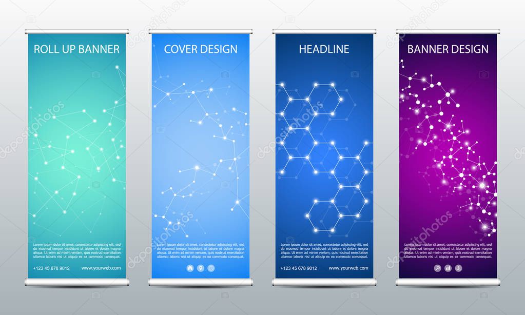 Abstract roll up banner for presentation and publication. Science, technology and business template. DNA structure background, vector illustration.