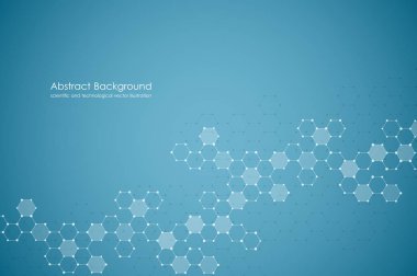 Altıgen molekül arka plan, genetik ve kimyasal bileşikler sistemi soyut. Geometrik grafik ve bağlantılı çizgilerin noktalı. Bilimsel ve teknolojik kavramı, vektör çizim