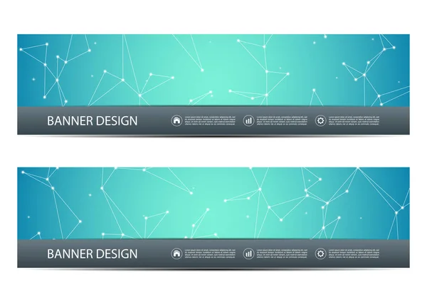 Bannières technologiques et scientifiques avec structure des particules moléculaires et de l'atome. Fond abstrait polygonal. Illustration vectorielle — Image vectorielle
