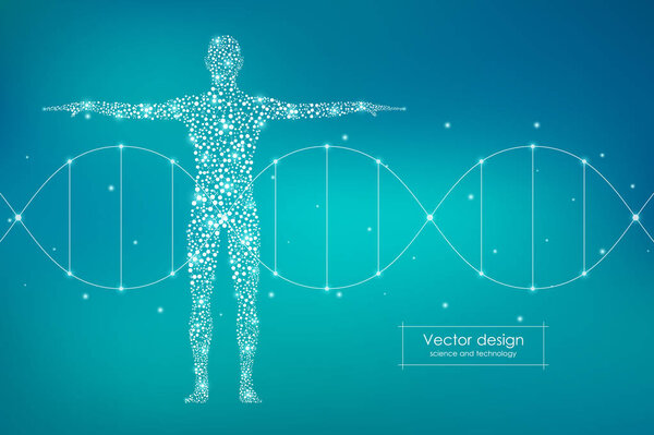 Абстрактное человеческое тело с молекулами ДНК. Медицина, наука и технология. Векторная иллюстрация
