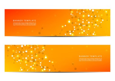 Moleküler parçacıklar ve atom yapısı ile teknolojik ve bilimsel afiş. Poligonal arka plan. Vektör çizim