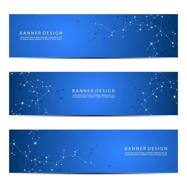 Set of abstract banner design, dna molecule structure background. Geometric graphics and connected lines with dots. Scientific and technological concept, vector illustration — Stock Vector