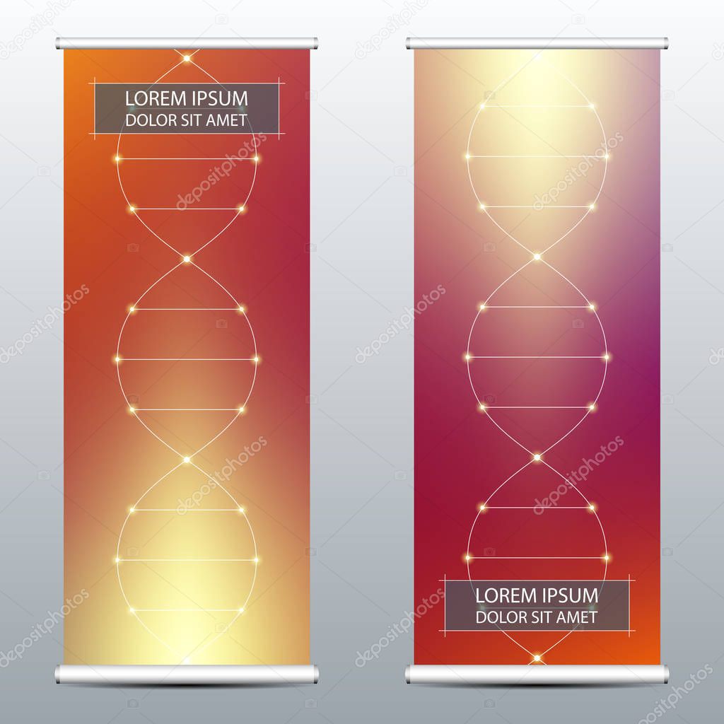 Abstract roll up banner for presentation and publication. Scientific, technological and medical template. Molecule structure background, vector illustration