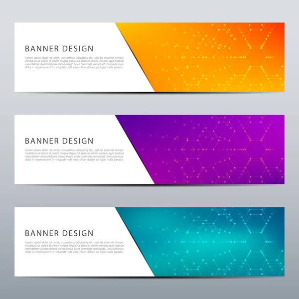 Ensemble de conception abstraite de bannière, fond de structure de molécule d'ADN. Graphiques géométriques et lignes connectées avec des points. Concept scientifique et technologique, illustration vectorielle — Image vectorielle